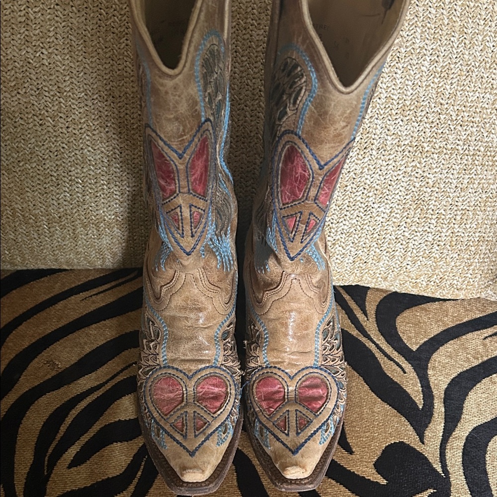 Tan Leather Women’s Heeled Boots with Red Heart Accent
